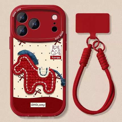 刺绣小马手机壳opporeno7新年reno5pro马年reno6pro+十小羊皮reno4过年3pro防摔7se适用2z喜庆全包男女红色潮