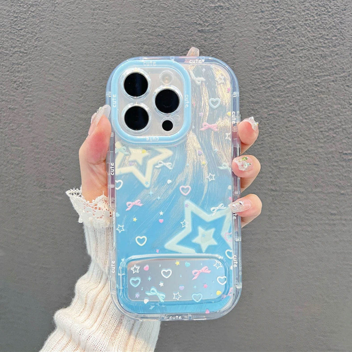 炫彩蓝色星星镜面支架适用苹果17pro手机壳iphone16max小米15荣耀30华为mate80新款K90nova13RENO11iQOO12p50