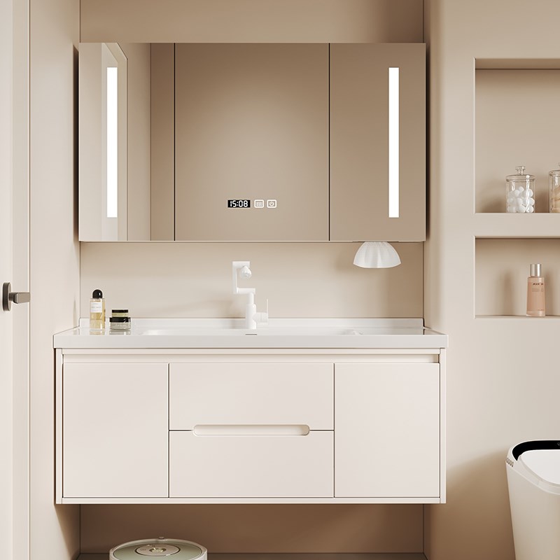 奶油风实木浴室柜组n合简约洗脸洗手陶瓷一体盆卫生间小户型洗漱