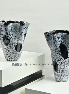 简约现代复古蓝色花边玻璃插花器样板间客厅玄关家居摆件装饰花瓶