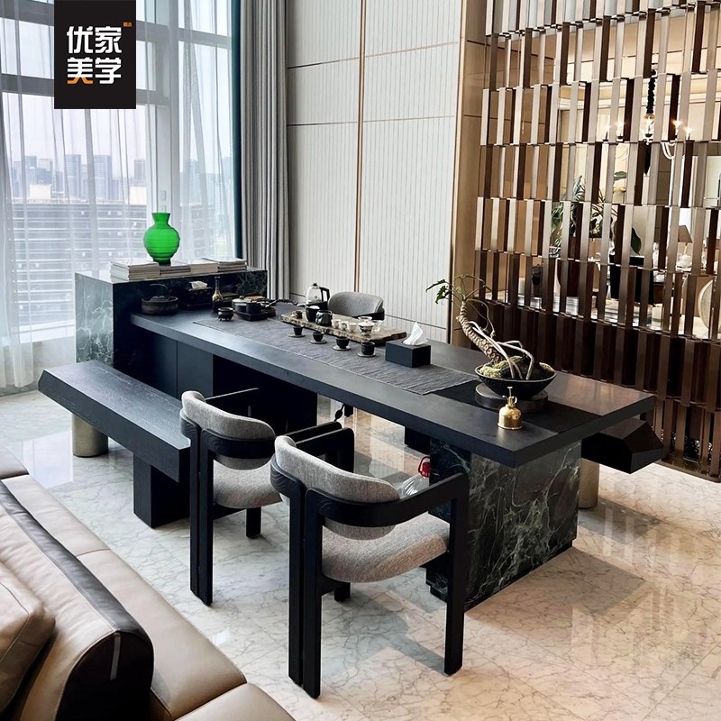 新中式实木茶桌北美黑胡桃木岩板岛台意式极P简轻奢别墅会客茶台