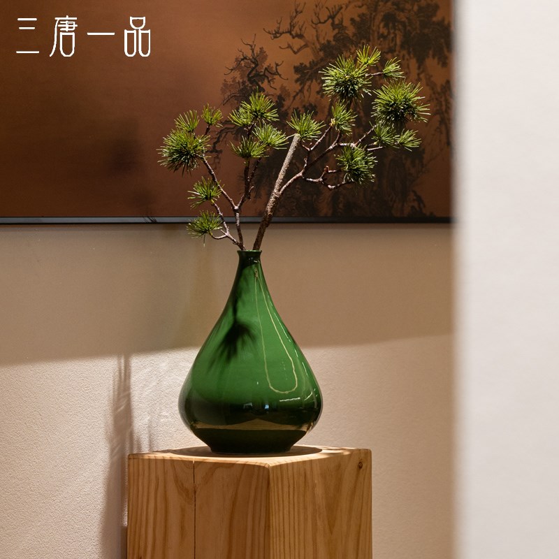 新中式墨绿水滴形细口插花瓶摆件宋代美学样板P间茶室玄关高级摆