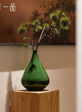 新中式墨绿水滴形细口插花瓶摆件宋代美学样板P间茶室玄关高级摆