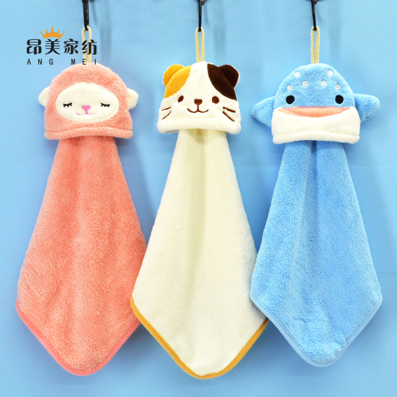 家用挂式擦手巾吸水可爱动物毛巾卫生间浴M室抹手布柔软珊瑚绒手