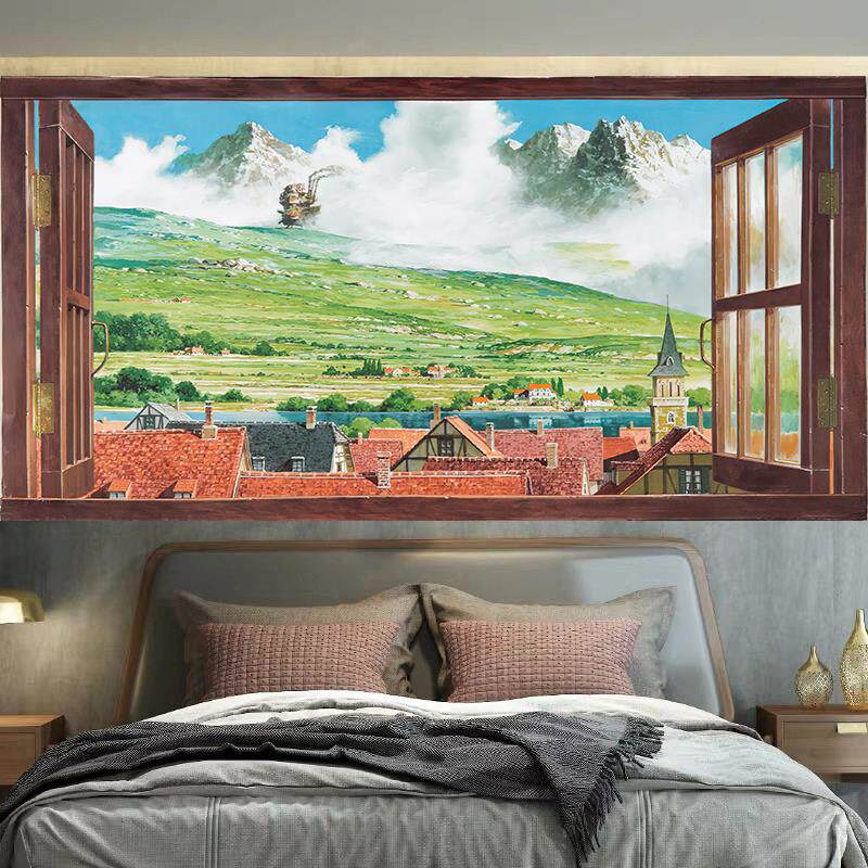 日式风景哈尔的移动城堡宿舍房间装饰背景布网红少女卧室床头挂布