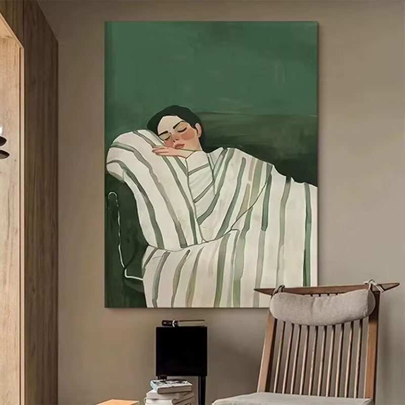 纯手绘人物油画中古风绿色客厅玄关装饰画高档慵懒少女卧室手工画