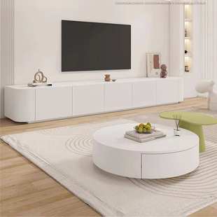 奶油风白色腰果圆形茶几电视柜组合小户型客厅家用轻奢现代简约