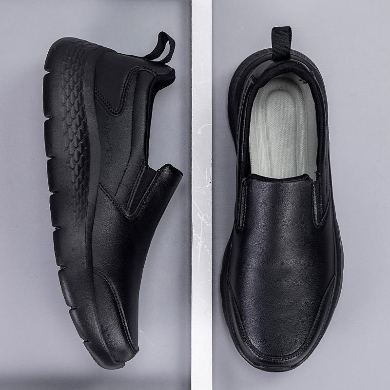 一脚蹬男鞋47皮面黑色厨师鞋特大码48室内防滑防油水运动皮鞋软底