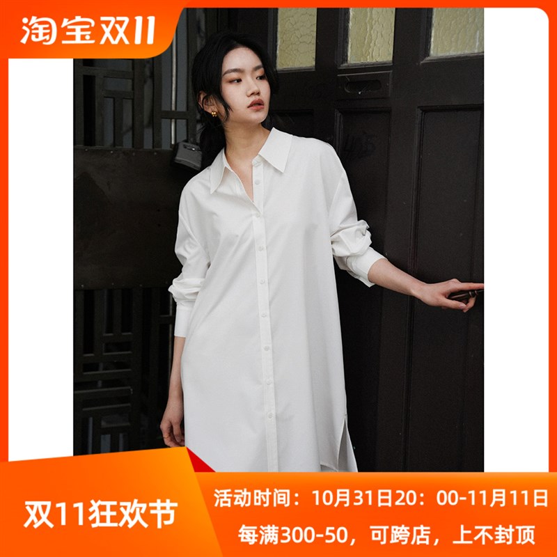 好打理经典款简约风不易皱白色叠穿中长版P衬衫式洋装女春新款