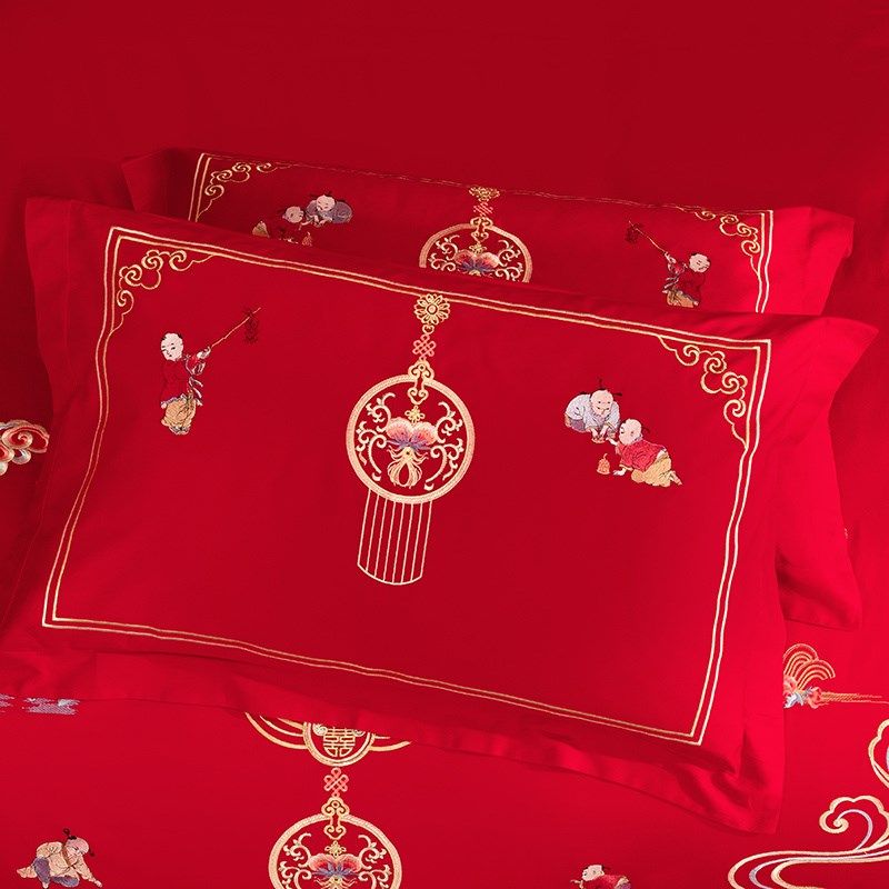 大红色全棉婚庆四件套纯棉被套床单抱枕套结婚龙凤喜被新婚床品
