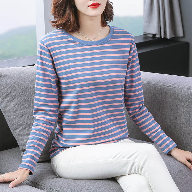 妈妈t恤b长袖纯棉2024年早春秋衣新款女士条纹打底衫宽松大码内搭