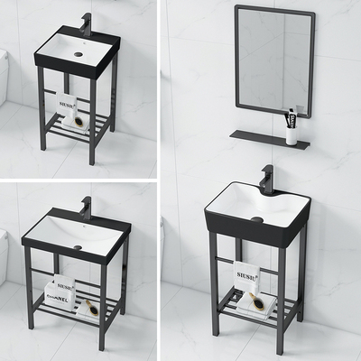 阳台落地式黑色不锈钢支r架洗手盆一体陶瓷卫生间洗脸盆简约洗漱