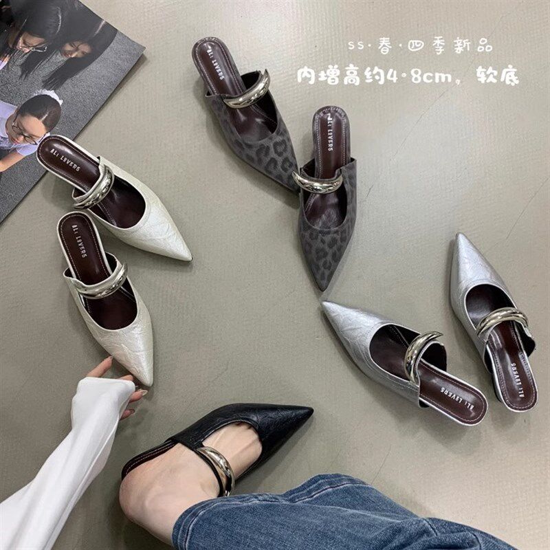 一脚蹬包a头半拖鞋女单鞋坡跟尖头2025新款春夏季法式凉拖鞋女平