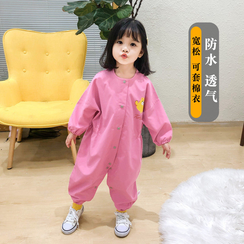 儿童连体罩衣全身防水透气婴儿吃饭D爬服宝宝防脏爬行拖地护衣秋