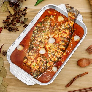 不锈钢双耳烤鱼盘长方形r304平底方盘鱼盘防烫托盘小龙虾盘深菜盘