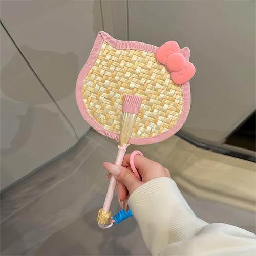 可爱kitty手摇扇子编织女士拍照道具夏天创意手持小蒲扇随身可携