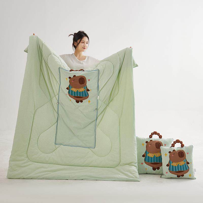 手合提曲奇水洗枕棉四季两用夏被车载二抱枕被一叠多功能抱折被纯