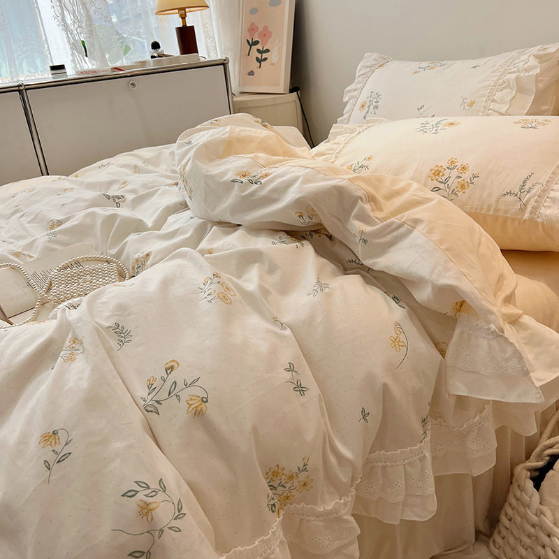 仙女荷叶边全棉四件套碎花唯美纯棉被套清新公主风花边床上用品