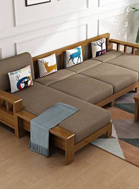 中式实木沙小发组代布艺三人位沙发现床大户FBE型合客厅家用储物