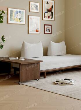 司朴中古风实木伸缩折叠两用布艺沙发床小户型客厅直排不倒翁沙发