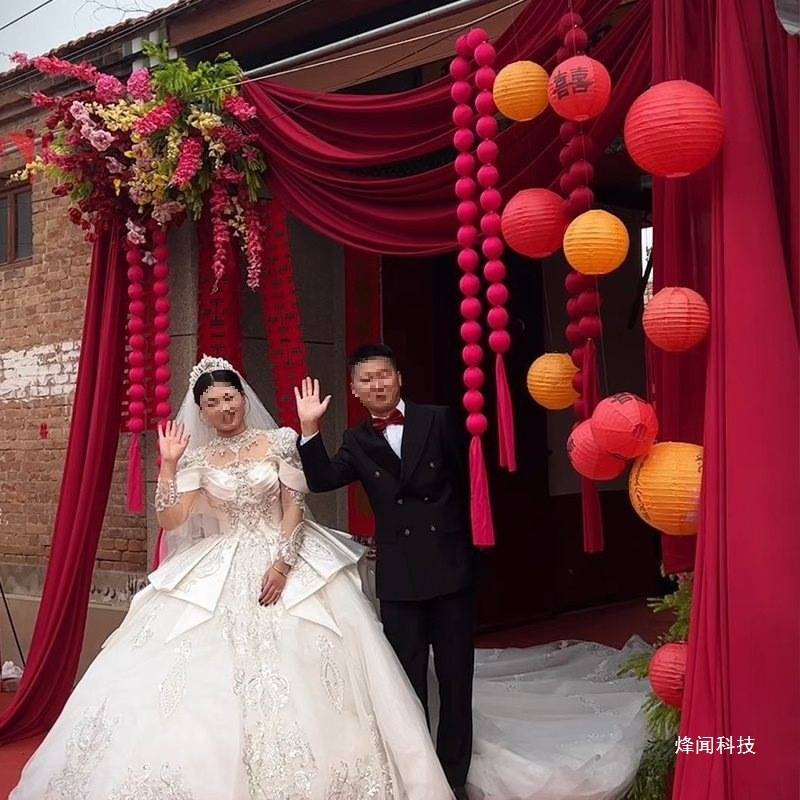 结婚庭院布置农村自建房院子装饰大门口婚礼长条喜字布幔灯笼瀑布