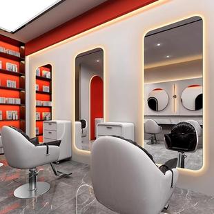 美发镜子L廊落发地理发店镜台网985红带灯ED面发光挂单墙智能镜