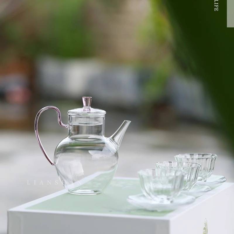 玻璃绿茶壶带盖仿宋执壶耐高温泡茶壶古风壶煮防烫茶壶彩把花茶壶