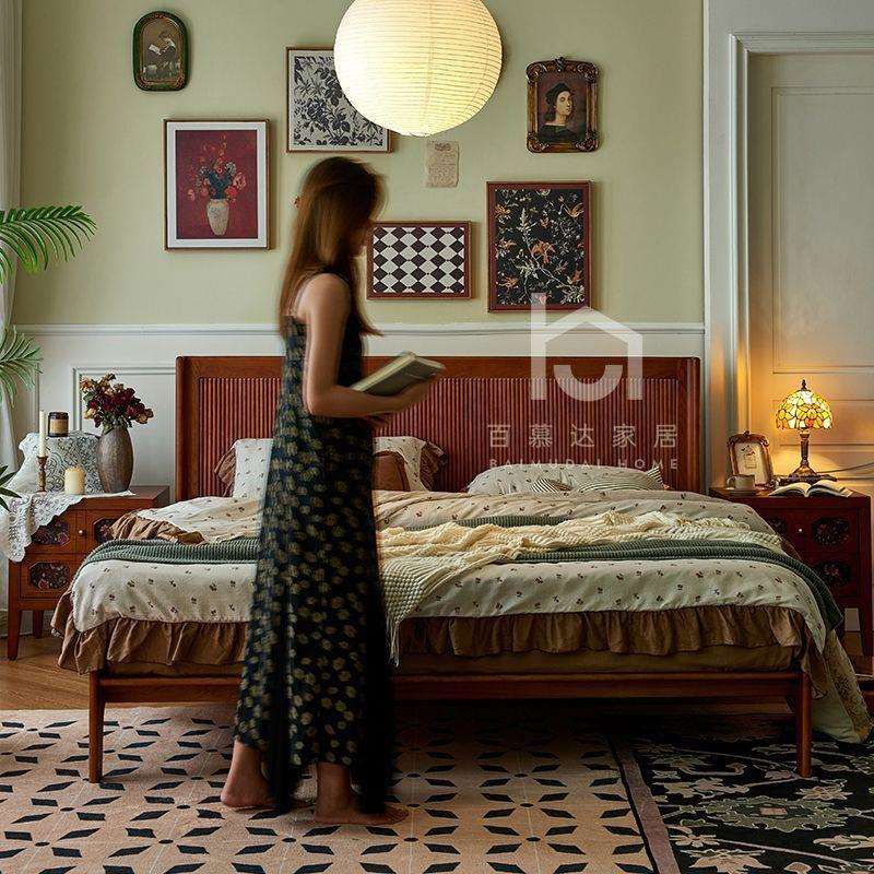 法式复古实木床卧室家用1米8大床中古风主卧床1米5简约双人民宿床
