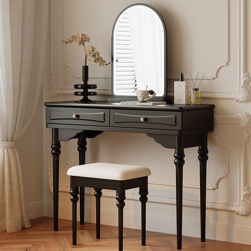 新款法式复古小户型黑色实木主卧梳妆台美式中古风卧室小型化妆桌