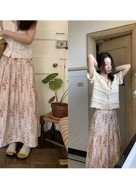 Hellooo Eat 法式复古碎花半身裙2025夏季气质印花压褶裙中长裙女