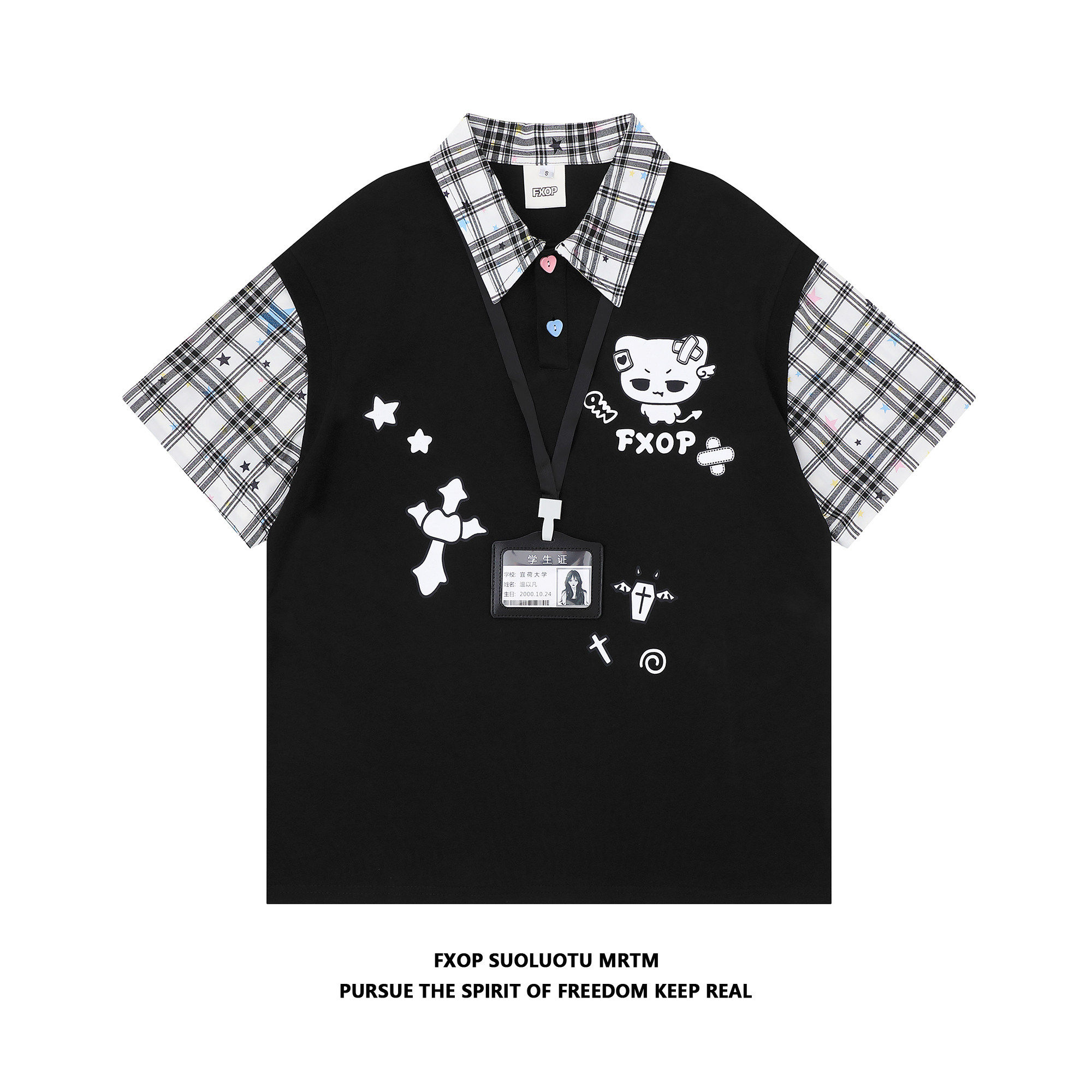 FXOP小猫格纹polo衫假两件短袖t恤女2026宽松轻亚风学生半袖上衣
