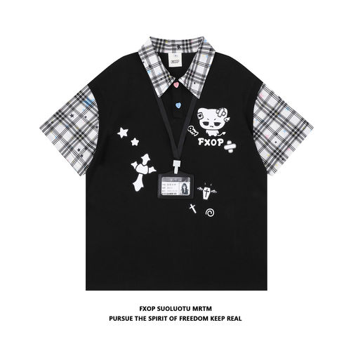FXOP小猫格纹polo衫假两