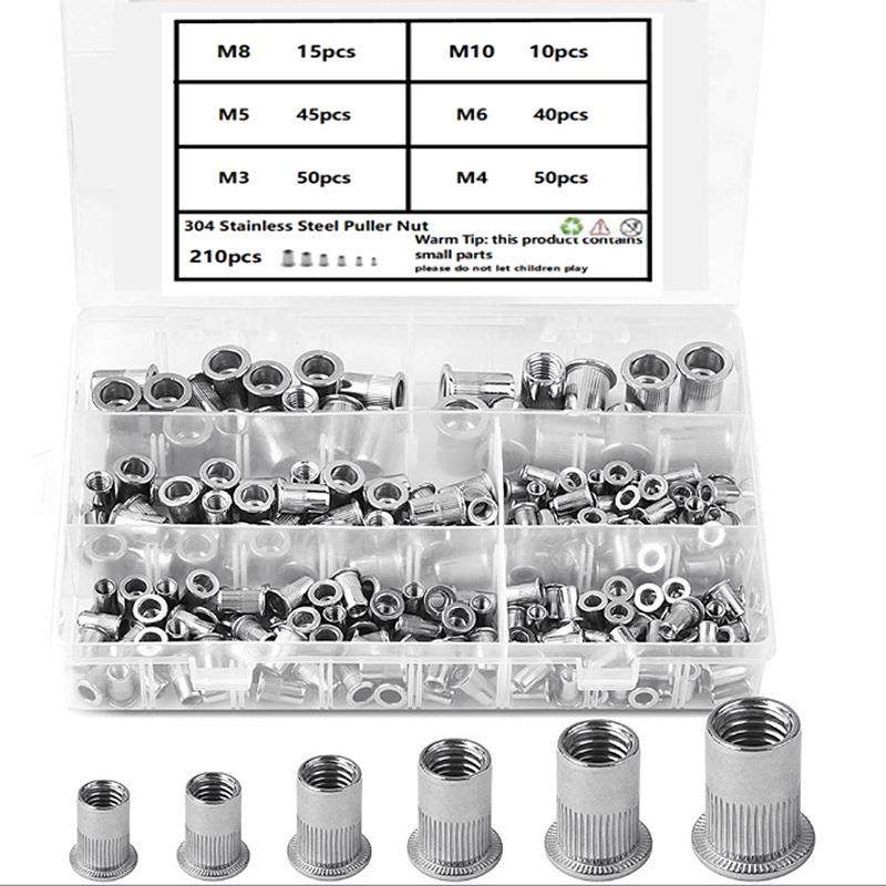210PCS盒装304不锈钢平头竖纹拉铆螺母拉姆钉M3-M12【跨境】
