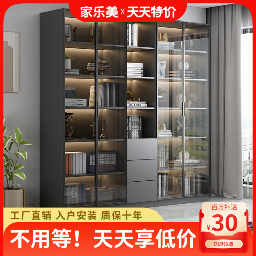书柜带玻璃门实木l玻璃书柜橱防尘客厅书架模型展示柜酒柜组合定