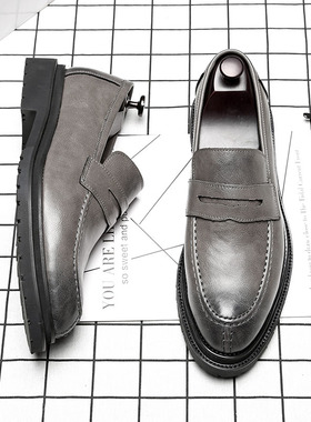 灰色一脚蹬皮鞋男m韩版尖头厚底增高鞋青年潮流内增高男鞋免系带