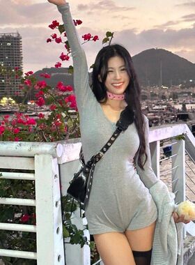 灰色一件式连衣裤独特早春2024新款V领连身裤高S冷御姐风打底裙裤