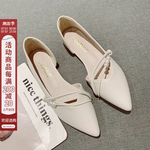 法式侧空单鞋女春季2024新款尖头平底晚M晚风仙女温柔软皮豆豆鞋