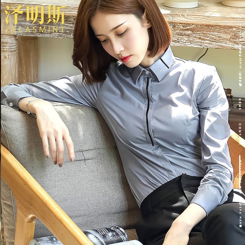 灰色职业衬衫女长k袖正装2024春秋新款工作服工装打底白衬衣设计