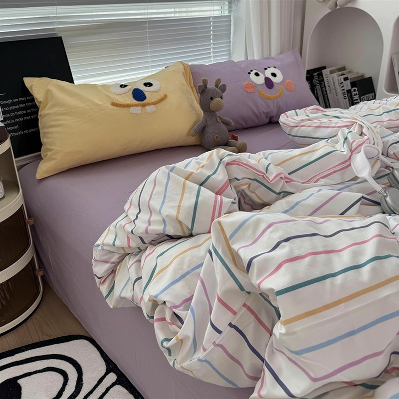 多巴胺少女奶紫条纹配大眼毛巾绣四件套水洗棉被套学生床单三件套