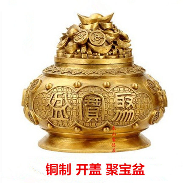 黄铜聚宝盆摆件桌面带盖子t开盖招财聚财五路财神聚宝盆家居客厅