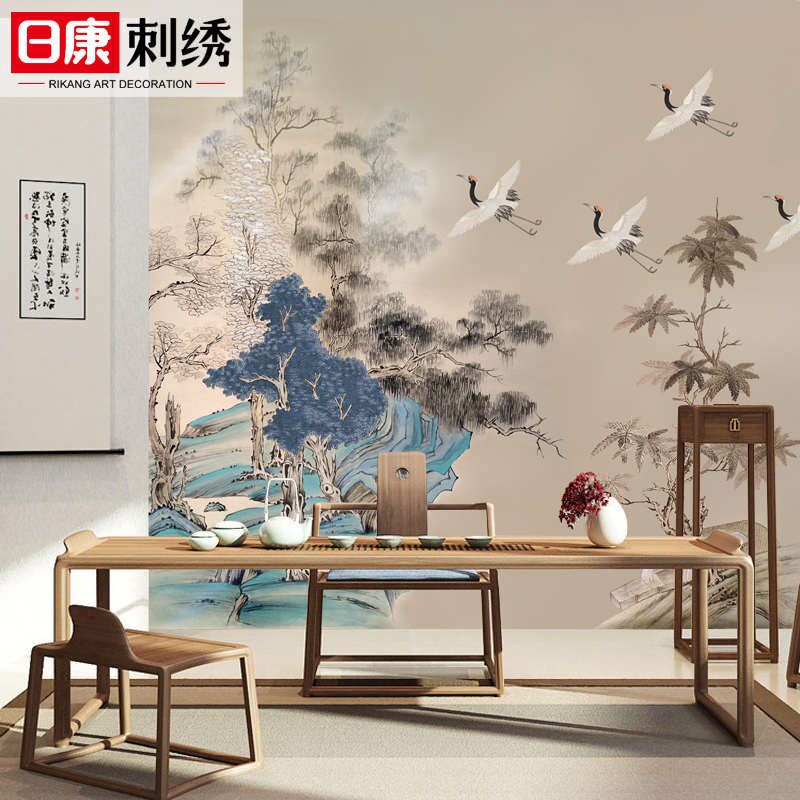 定制中式印加绣刺绣独秀仙鹤书房墙布客厅餐厅沙发电视背景壁布