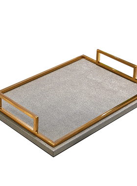 美式简约欧式珍珠皮革铜框收纳托盘 客厅茶几样板房杯具收纳装饰