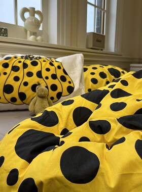 ins少女心f黄色黑波点床上四件套全棉纯棉1.5m1.8学生宿舍被套床