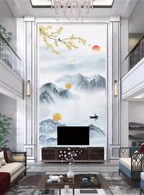 复式楼微b晶石电视背景墙瓷砖客厅别墅挑空岩板影视墙大理石罗马