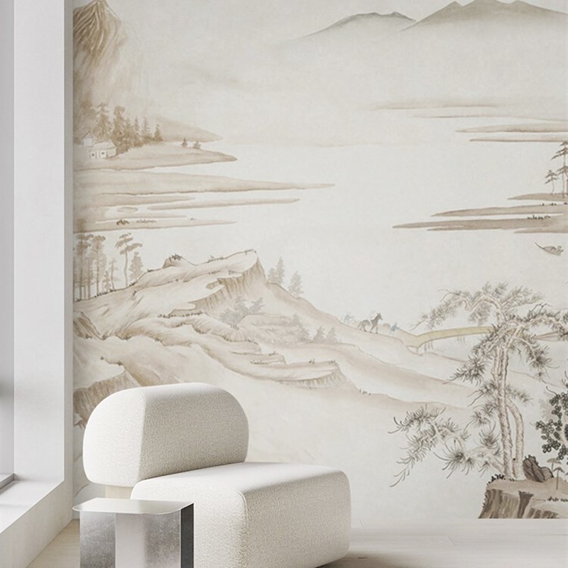 现代新中式水墨画江山壁纸定制壁画客厅背景墙壁纸卧室墙纸墙布