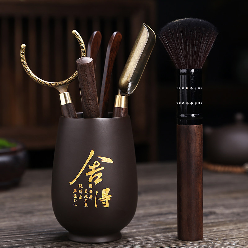 紫砂收纳茶筒桶黑檀实木茶道六z君子套装家用配件夹子茶勺茶宠大