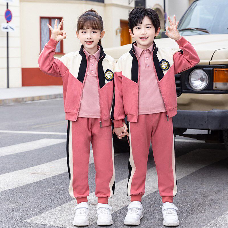 英伦学院风粉色校服套装小学生春秋新老I师儿童班服四件套幼儿园