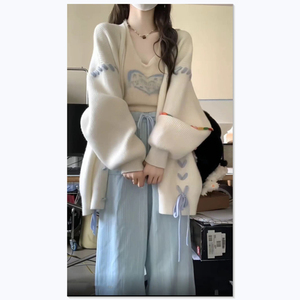 秋季新款可e盐可甜炸街活泼俏皮减龄学院风毛衣开衫阔腿裤两件套