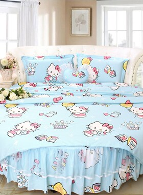 卡通蓝色小猫咪清新全棉圆床品四件套圆床单圆被套圆形床品2m