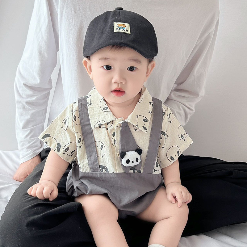 婴儿夏季外出服男宝宝夏装超萌可爱卡通哈衣洋气婴幼X儿假两件包